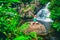 Yoga nature wellness meditation retreat woman at tropical waterfall forest in Kauai, Hawaii. Happy girl with open arms