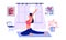 Yoga online. Cartoon girl doing sport exercises with video instructions. Young woman in asana pose watching trainer live