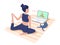 Yoga online classes. Girl watching online sport tutorials on laptop and working out at home with a cat.