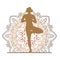 Yoga online. Sport at home. Silhouette of a girl on a background of mural Kalamkari. Can be used on the web to create business car
