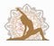 Yoga online. Sport at home. Silhouette of a girl on a background of mural Kalamkari. Can be used on the web to create business car