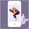 Yoga online woman in asana meditating smartphone app online classes via internet, flat vector illustration.