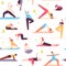 Yoga people seamless pattern. Men and women do mental health and physical exercise. Meditation, relaxation in nature