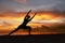 Yoga Poses. Woman Practicing Side Angle Asana On Ocean Beach. Female Silhouette Standing In Parivrtta Parsvakonasana.
