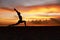 Yoga Poses. Woman Standing In Warrior Pose Asana On Ocean Beach. Female Silhouette Practicing Virabhadrasana At Beautiful Sunset.