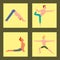 Yoga positions mans characters class vector card illustration meditation male concentration human peace sport lifestyle