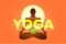 Yoga poster banner or billboard design with monk or person silhouette, sun and mountains nature.