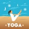 Yoga poster with a girl in the yoga pose on a sea background.