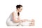 Yoga with props, seated forward bend pose