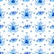 Yoga seamless pattern with blue lotuses, eyes, circles of dots on white background