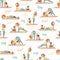 Yoga seamless pattern with cartoon girl and dog doing yoga posit