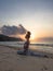 Yoga silhouette. Attractive woman practicing Ardha Kapotasana, Half Pigeon Pose. Chest opener improving breathing. Healthy