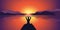 Yoga silhouette peaceful sunset at lake and mountains background