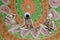 Yoga skeleton poses, meditation, orange/green tapestry,