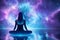 Yoga space concept. Young woman seats in lotus position. Space starry background, generative ai