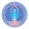 Yoga studio logo. Human silhouette meditating or doing yoga with rainbow lights of seven Chakras inside on vibrant bright mandala