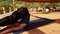 Yoga trainer conducts a seminar performing asana having flung his legs over the head