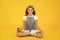 Yoga training. KId girl sit meditate. Meditating practice. Good vibes. Peaceful meditating. Vegetarian smoothie drink