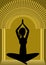 Yoga training, woman silhouette in golden gate, spiritual symbol, asana