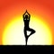 Yoga vricshasana pose black silhouette on sunset background. Woman character meditating in nature during sunrise, dawn.