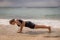Yoga woman on the beach. Caucasian woman practicing Phalakasana, Plank Pose. Strong body. Healthy lifestyle. Self-care concept.