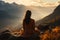 Yoga woman sitting on top of a mountain at sunrise. Mountains in the fog. Meditation. Generative Ai