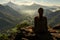 Yoga woman sitting on top of a mountain at sunrise. Mountains in the fog. Meditation. Generative Ai