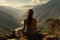 Yoga woman sitting on top of a mountain at sunrise. Mountains in the fog. Meditation. Generative Ai