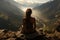 Yoga woman sitting on top of a mountain at sunrise. Mountains in the fog. Meditation. Generative Ai