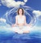 Yoga woman on sky water background collage