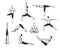 Yoga Workout. Silhouettes of a Man in Tree, Sirsasana, Boat, Warrior one, two, three, downwards and upwards facing dog, lotus Pose