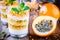 Yoghurt granola parfait with passion fruit sauce and mint