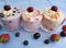 yoghurt, oatmeal blueberry strawberry delicious refreshment apricot cherry on a blue wooden background