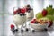 Yoghurts with fruit on a white table. Healthy breakfast. Proper nutrition. Healthy food. Generative AI technology