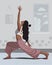 Yogi girl doing yoga at home online stands in a pose stretching