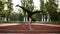 Yogi woman practicing yoga outdoor, froze wheel pose, wearing sportswear, full length, side view. Warm-up stretching at