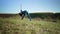 Yogi woman on top of high mountain doing yoga practice - parivrtta trikonasana with deep breathing. Wild nature, free