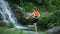 Yogic meditation practice Yogic doing yoga in water against the waterfall