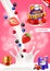 Yogurt ads. Pouring milk and forest fruits vector background