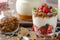 Yogurt with baked granola and berries in small glass