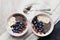 Yogurt with berries, banana, almonds and Chia seeds, bowl of healthy Breakfast every morning, vintage style, superfood and detox