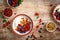 Yogurt with berries on wooden background. White plain greek yogurt with fresh berries and granola