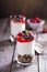 Yogurt and berry dessert in small glasses