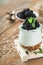 Yogurt with granola, blackberry berry fruits and muesli served in glass jar on wooden background. Healthy breakfast concept. Healt