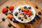 Yogurt with granola, strawberries and blueberries.