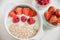 Yogurt with granola, strawberries and raspberries