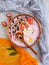 Yogurt, granola, strawberry,   recipe  fruit summer  morning blueberry on a concrete background