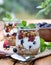 Yogurt parfait with granola, blueberries and raspberries garnished with mint