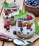 Yogurt parfait with granola, blueberries and raspberries garnished with mint