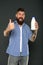 Yogurt probiotics and prebiotics. Bearded man hold white bottle with milk. Brutal caucasian hipster drink milk. Lactose